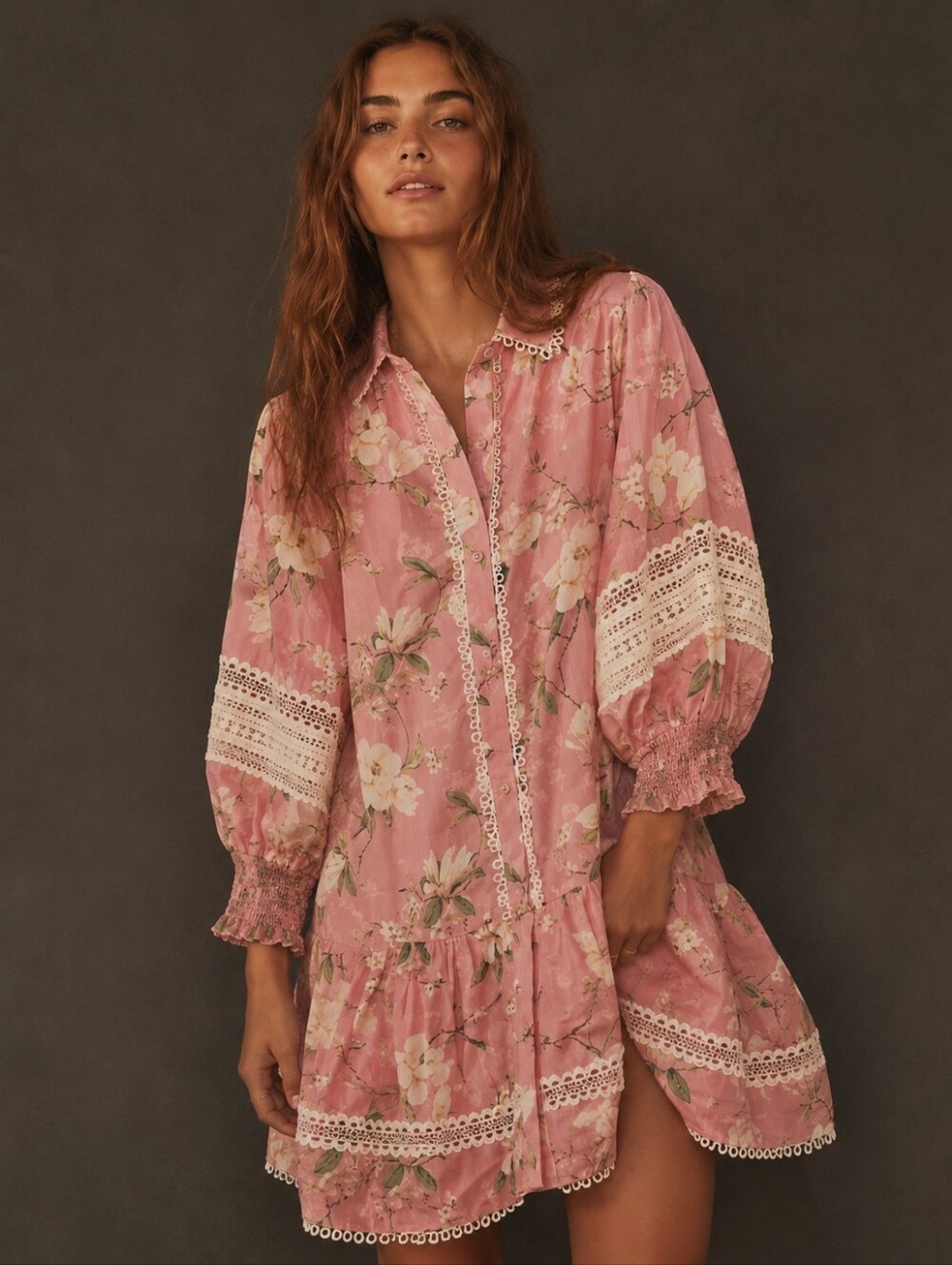 Miss June Paris Pink Floral Lace Trim Mini Dress Long Sleeves Boho Romantic Fall